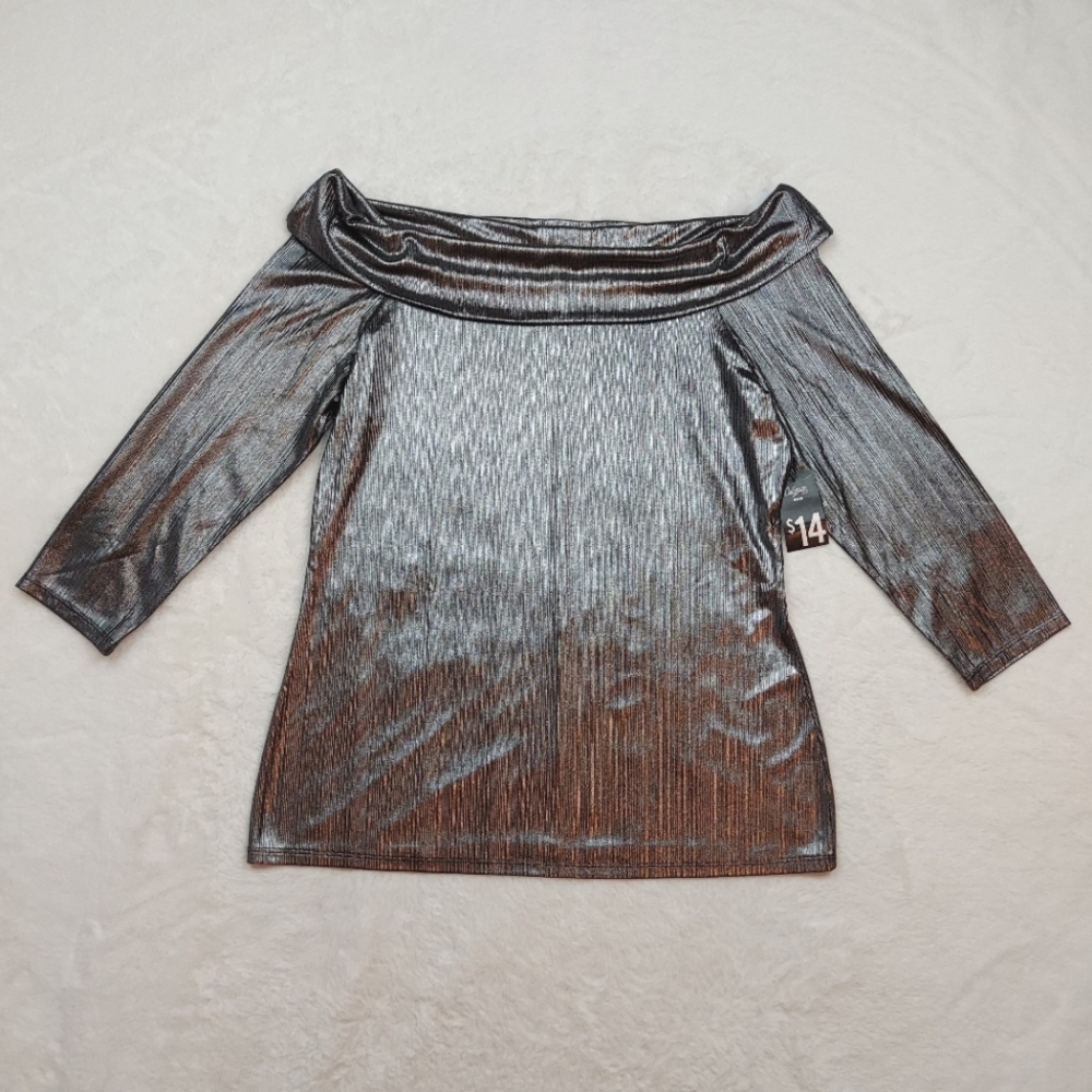City Streets Black Silver Metallic Off Shoulder Blouse Top Size L